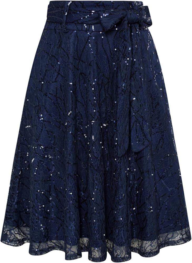 Belle Poque Sequin Skirts for Women Midi Length Swing Aline Vintage Lace Skirt