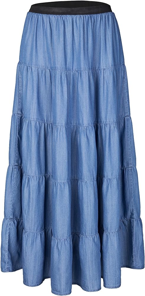 Tronjori Womens A Line Long Lightweight Tencel Denim Tiered Skirt with Multi Layers