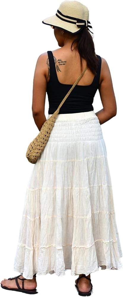 Boho Hippie Maxi Skirt Long Summer Cotton Skirt for Women with Smocked Elastic Waist