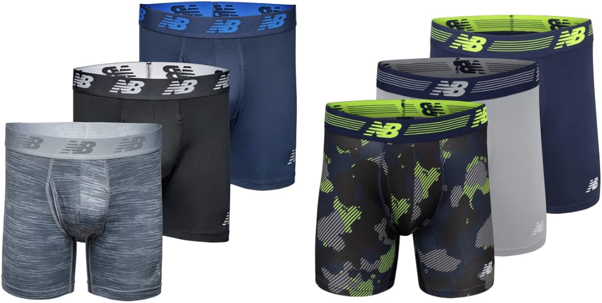 New Balance Men's 6" Boxer Brief Fly Front with Pouch, 6-Pack Bundle, Large (36"-38"), Black/Pigment/Steel/Camo/Print/Woodgrain