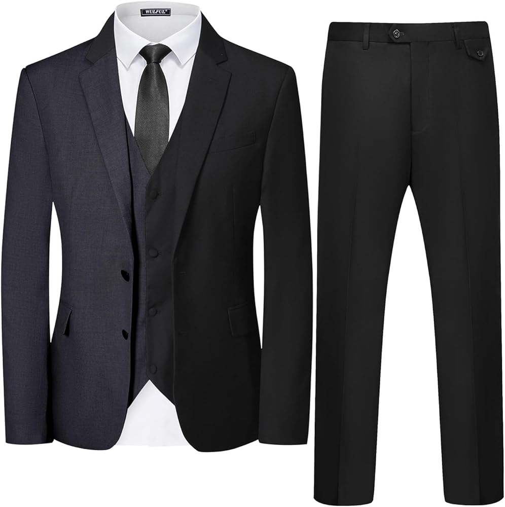WULFUL Men's 3 Piece Slim Fit Suit Set Two Button Blazer Jacket Vest Pants Tuxedo Set for Party, Wedding and Business