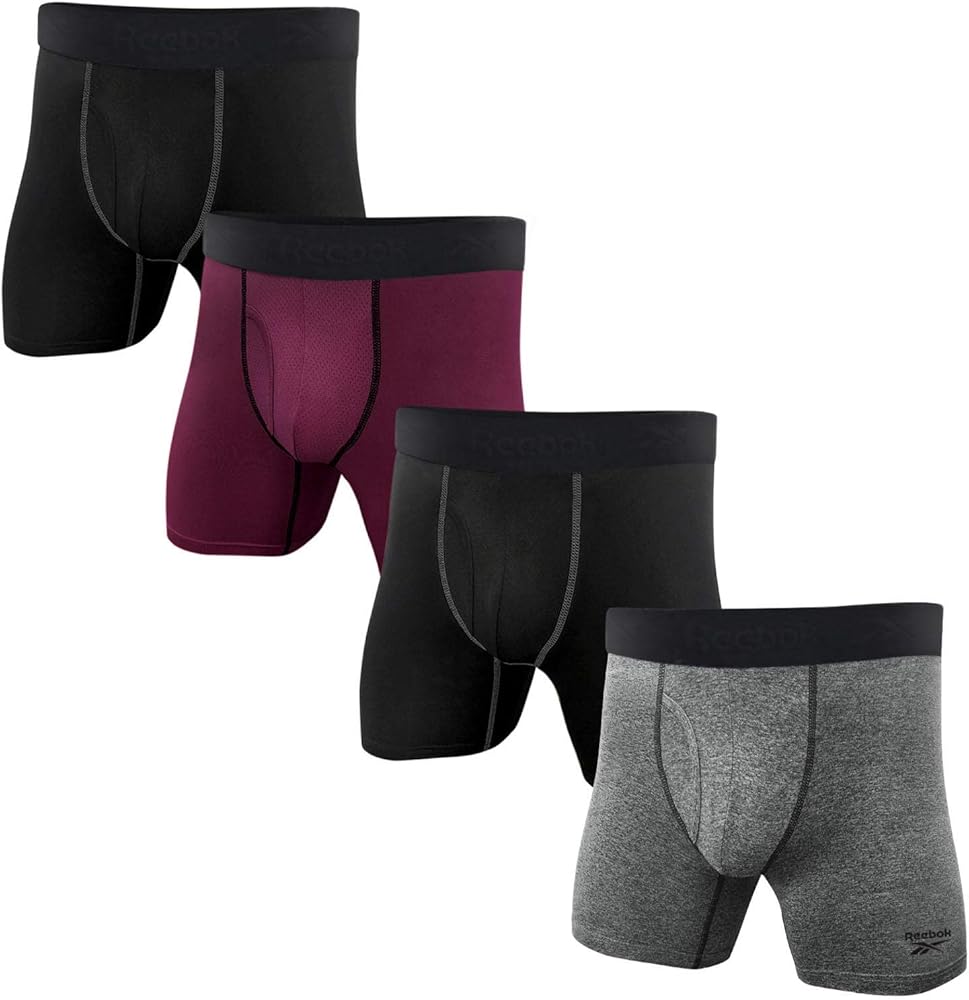 Reebok Mens 4 Pack Performance Boxer Briefs with Comfort Pouch - Black/Fig/Grey/HTR XX-Large