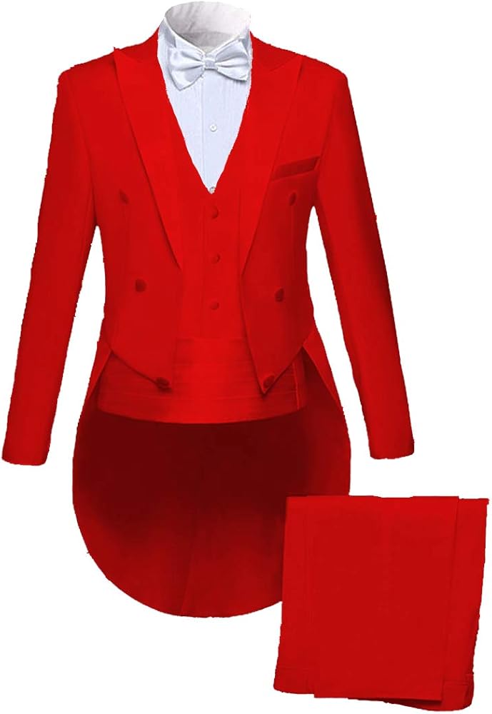Mens Blazer Suits Long Tailcoat Set 3 Piece Slim Fit Long Jacket Tail Tuxedos Men for Wedding Formal Party Red