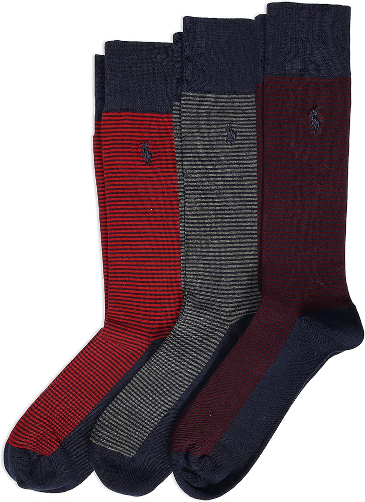 Polo Ralph Lauren Men's Feeder Stripe Casual Crew Socks-3 Pair Pack-Lightweight Cotton Comfort