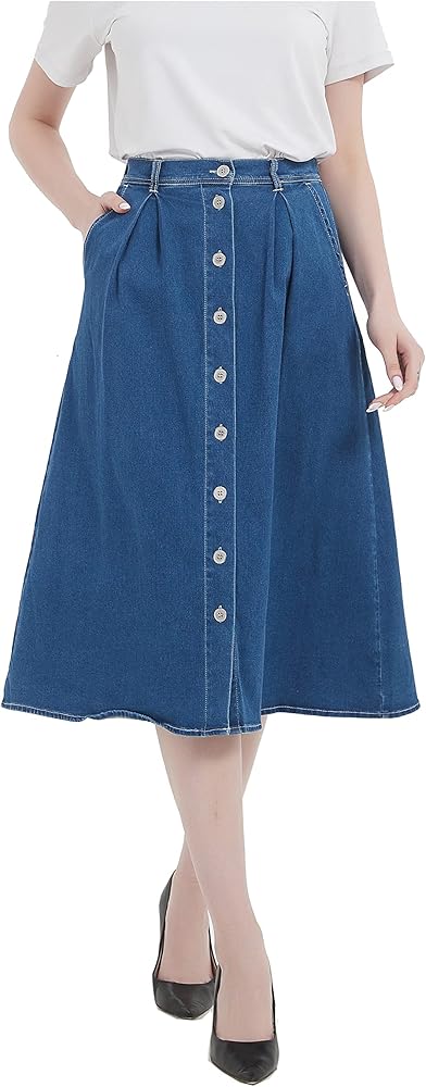 Tronjori Womens A Line Long Midi Denim Skirt with Button Front
