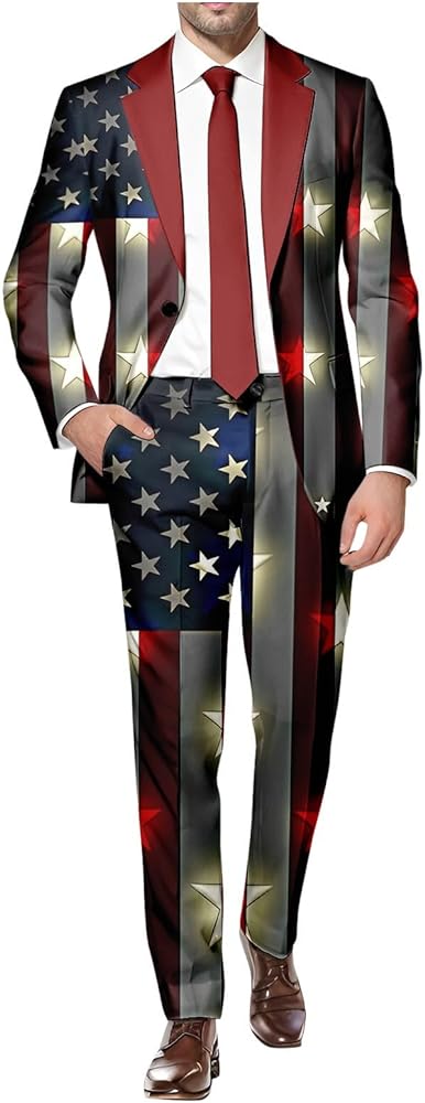 Men's 2 Piece Suit 4th of July America Flag Stars Stripes Print Button Jacket with Pants Independence Day Blazer Set