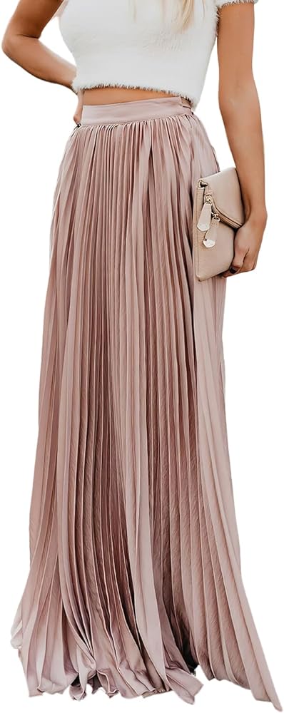 ebossy Women's High Waist Flowy Pleated Chiffon Maxi Skirt