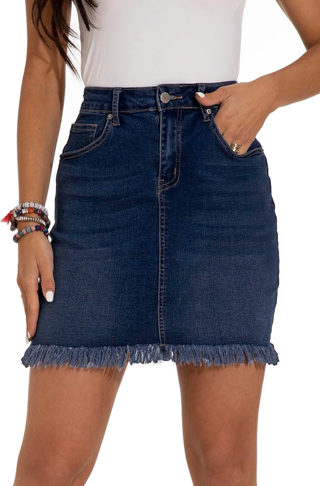 GUANYY Womens Denim Skirt Raw Hem Bodycon Stretch Casual High Waisted Jean Mini Skirt