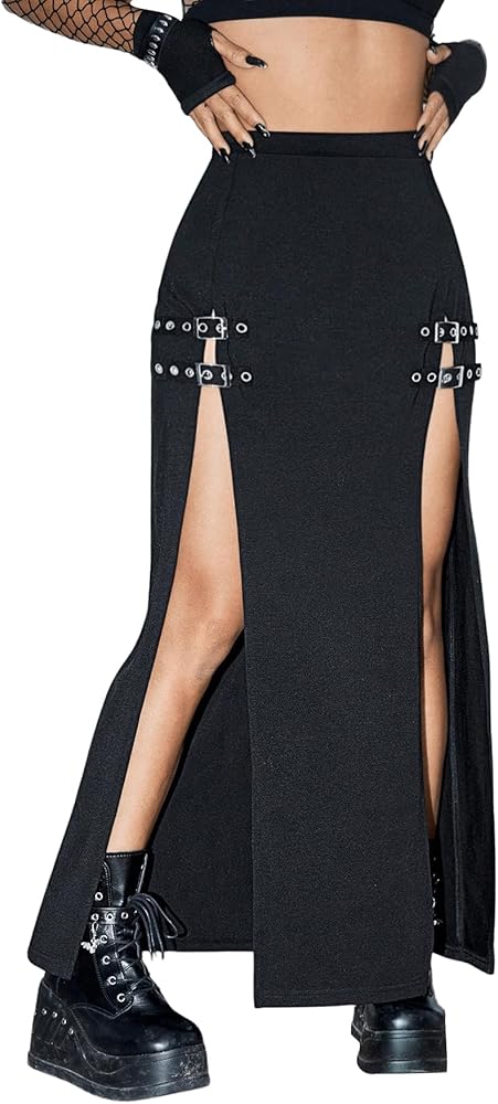 Verdusa Women's Buckle Split Thigh High Waist Clubwear Punk Loose Maxi Skirt