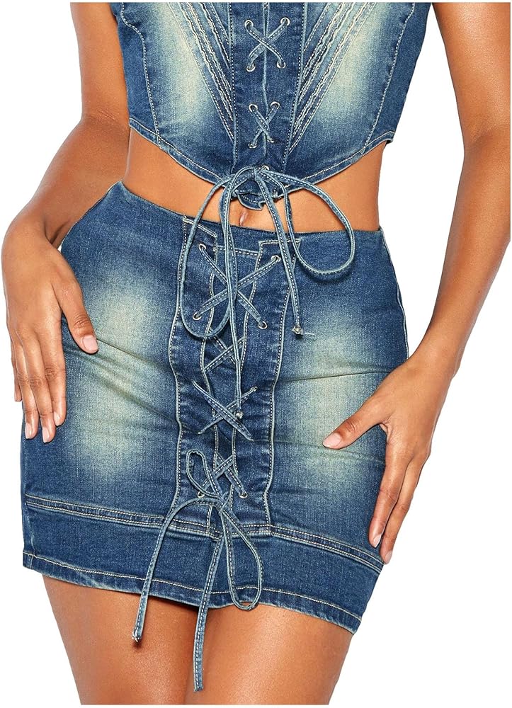 Women's Solid High Waist Lace Up Mini Skinny Skirt Party Zipper Denim Bodycon Skirt