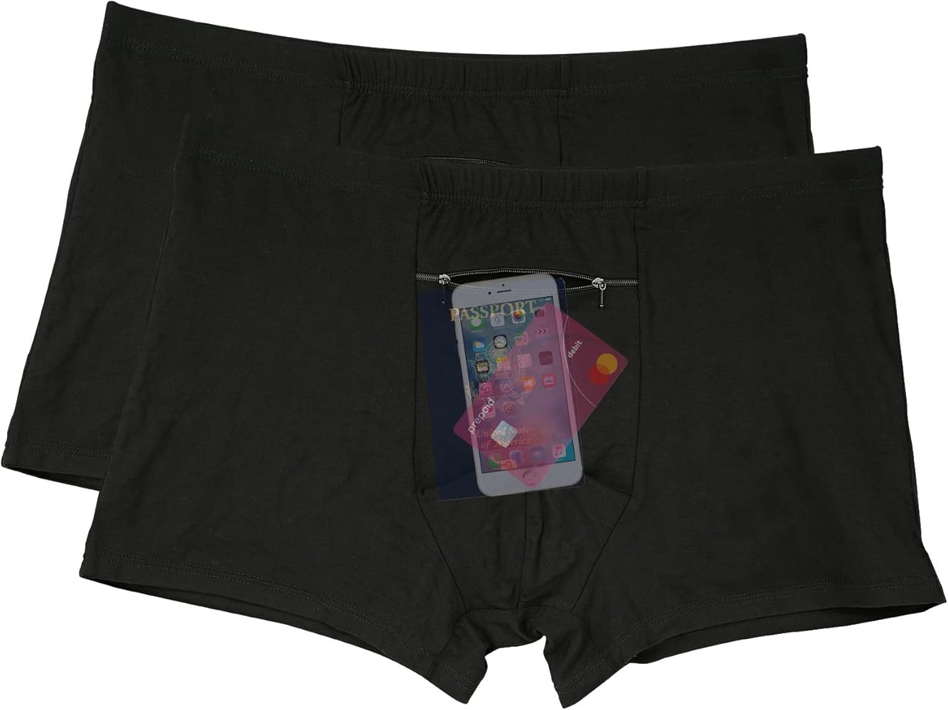 LUEXBOX Pocket Underwear for Men with A Secret Hidden Pocket, Travel Boxer Briefs, 2 Packs (Black)