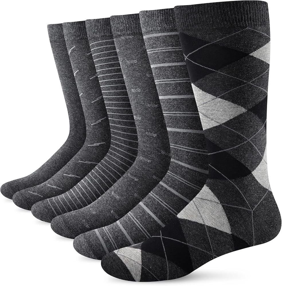 Yousu Mens Dress Socks Business Casual Solid Pattern Cotton Crew Sock 6 Pairs