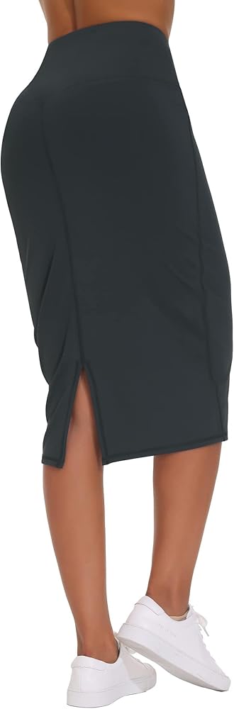 THE GYM PEOPLE Women's High Waist Tummy Control Pencil Skirts Stretchy Bodycon Midi Skirt Below Knee with Back Slit