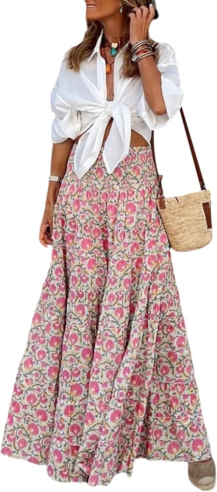 Womens Flowy Maxi Skirt Vintage Floral Print High Waist Elastic A Line Boho Beach Holiday Long Skirts
