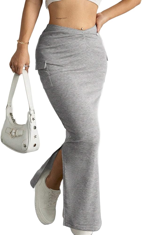 Avanova Women Ruched Slit Split High Waist Bodycon Maxi Skirt Long Pencil Skirt with 2 Pockets