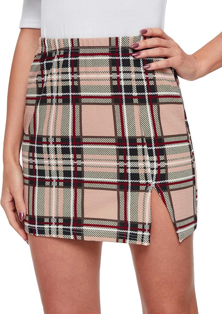 Floerns Women's Casual Split Hem High Waisted Mini Bodycon Plaid Skirt