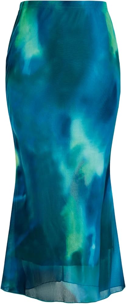 Verdusa Women's Midi Skirt Mesh Tie Dye High Waisted Bodycon Fishtail Skirt
