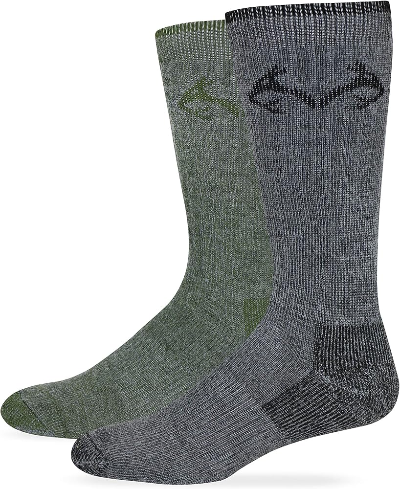 Realtree RT Men's Merino Wool Blend Boot Socks, 2 Pairs Black/Olive LARGE