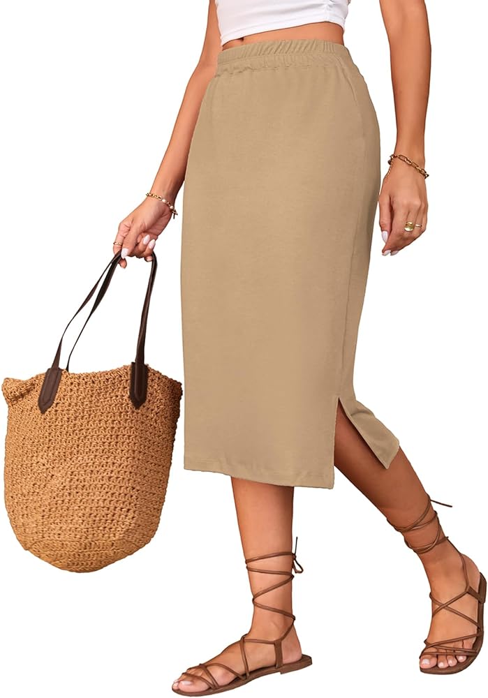 Naggoo Midi Skirts for Women Summer Elastic High Waisted Side Slit Long Skirt