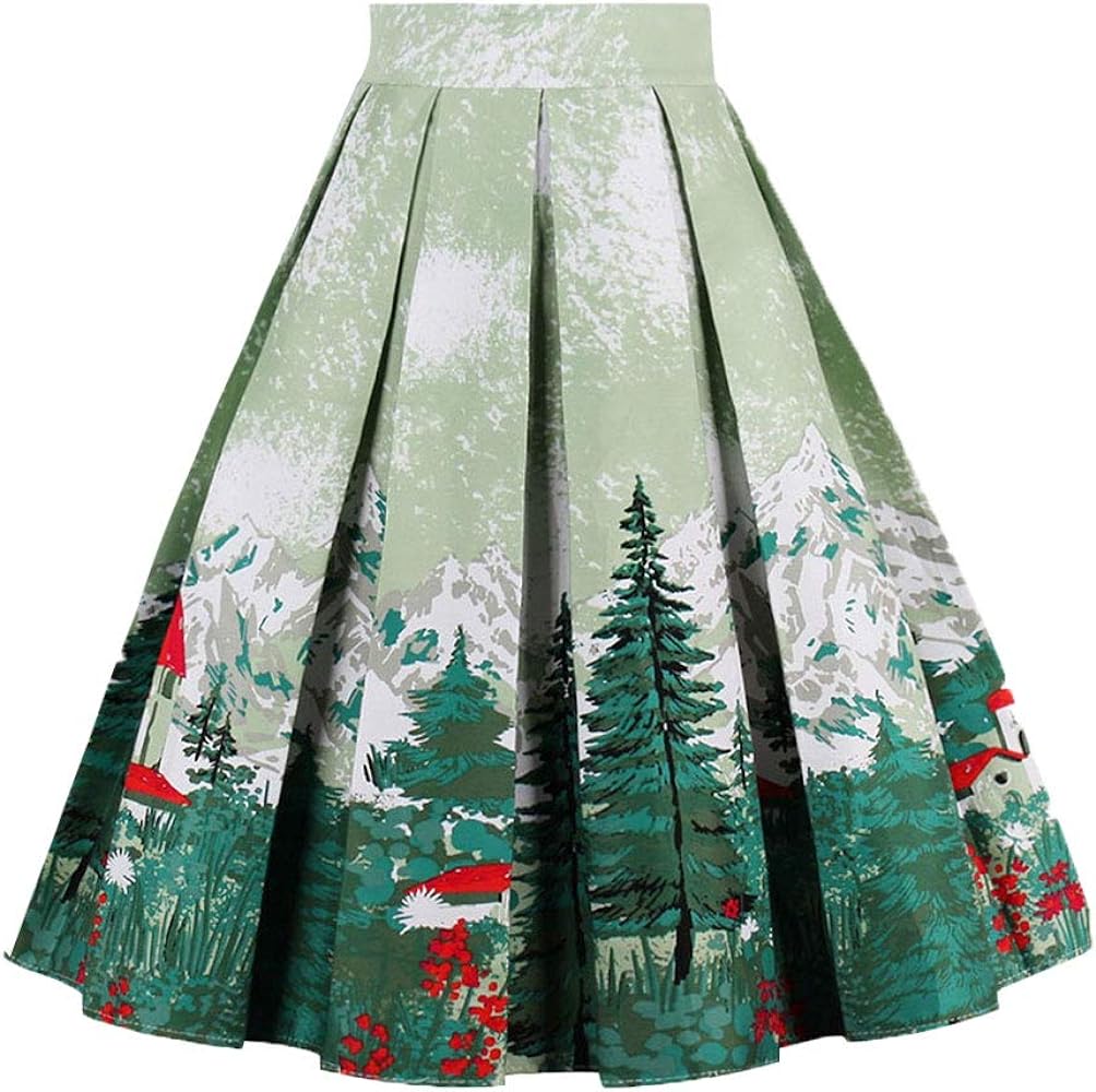 OBBUE Dresstore Vintage Pleated Skirt Floral A-line Printed Midi Skirts with Pockets