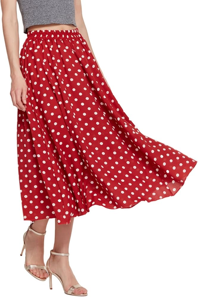 CHARTOU Women's Casual Contrast Polka Dot Chiffon Bohemia Swing Beach Midi A-Line Skirts