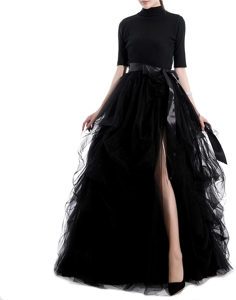 Qmker Women's Long Tutu Tulle Skirt A Line Floor Length Black Special Occasion Night Out fold Skirt