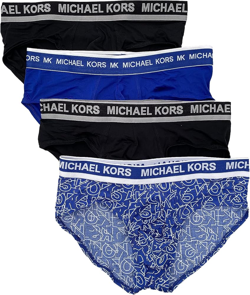 Michael Kors Men`s Performance Poly Low Rise Briefs 4 Pack (B(9F31L10954)/B_MK_Print11, Medium)