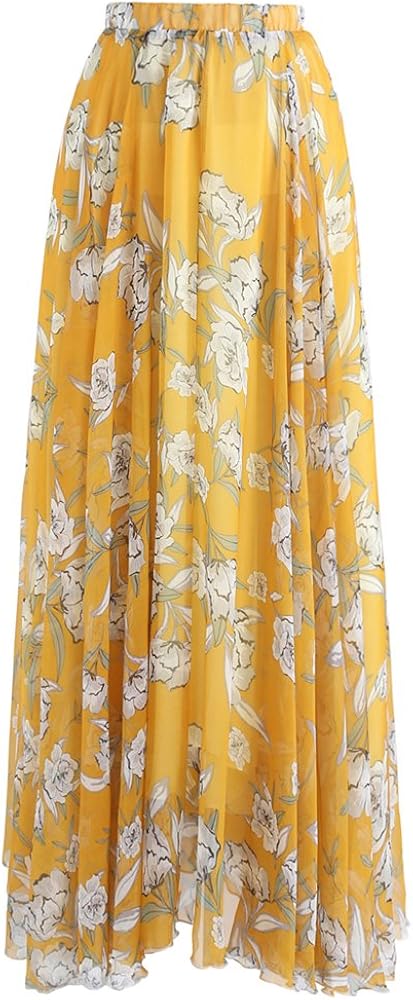 CHICWISH Women's Floral Watercolor Flower Maxi Floral Chiffon Slip Skirt