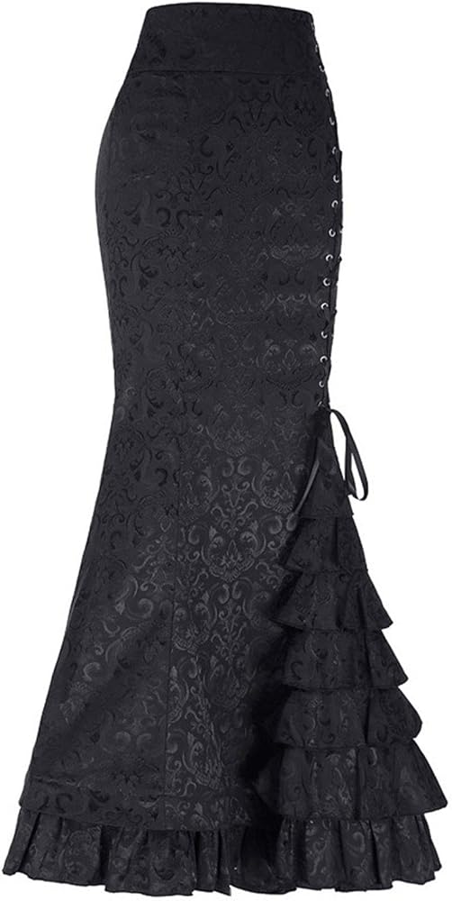chouyatou Women's Retro Lace-Up Drawstring Tiered Ruffle Maxi Long Mermaid Pencil Skirt