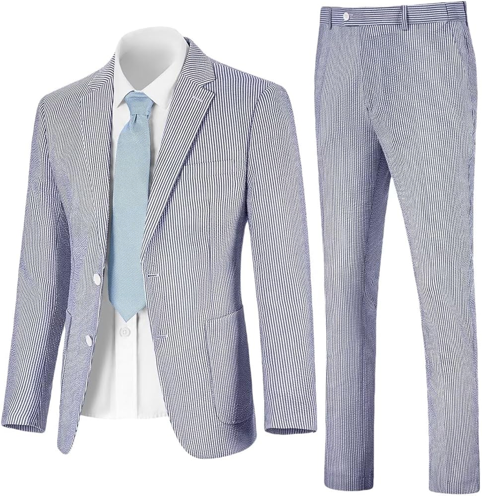 Mens Seersucker Suit Slim Fit Suits for Men Summer Striped Wedding Prom Party Dinner 2 Piece Daily Suit Jacket Blazer Pants