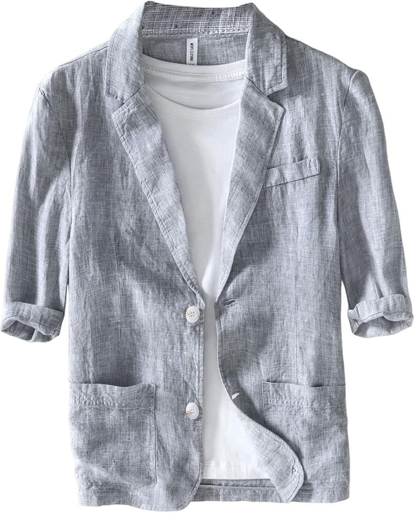 Liveinu Men's Linen Blazer Suit Jackets 3/4 Sleeves Two Button Lightweight Sport Coat