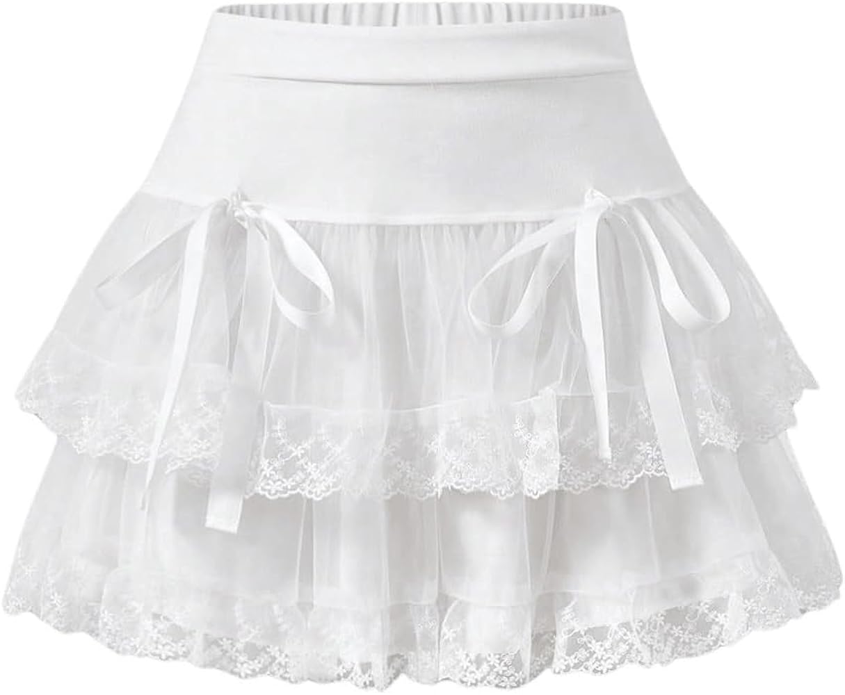 Women's Y2K Solid Tiered Layer Skirt High Waist Contrast Mesh Lace Tie Bow Front Loose Mini Skirt Cake Skirt