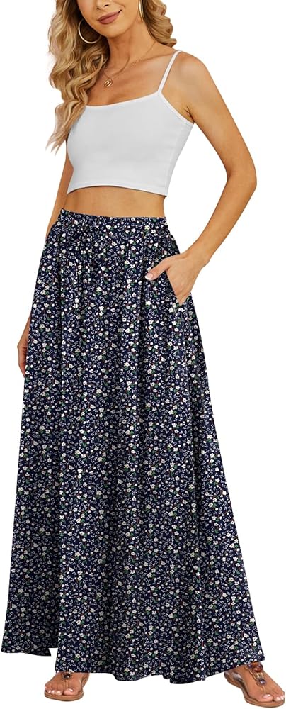 Yincro Women's Flowy Maxi Skirt Summer Pleated High Waisted Casual Long Skirts with Pockets