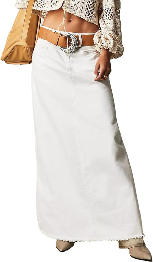 Alyweatry Women Trendy Denim Maxi Skirt High Waist A-Line Frayed Hem Loose Long Jean Skirt OOTD Streetwear