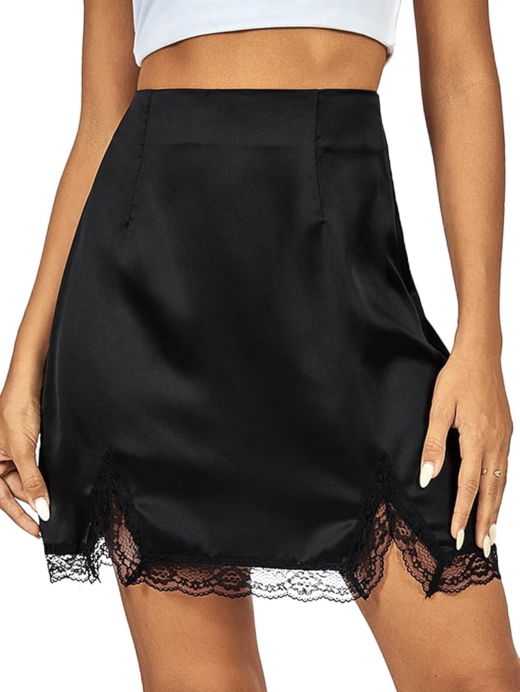 Vrtige Women's Satin Lace Trim High Waist Split Hem Bodycon Mini Short Skirt