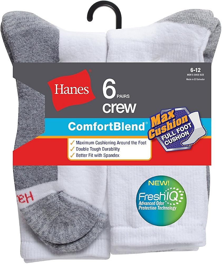 Hanes Mens Max Cushion Crew Socks, 6-Pack