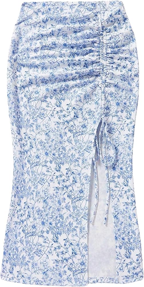 Floerns Women's Ditsy Floral High Waist Drawstring Ruched Slit Hem Midi Skirt
