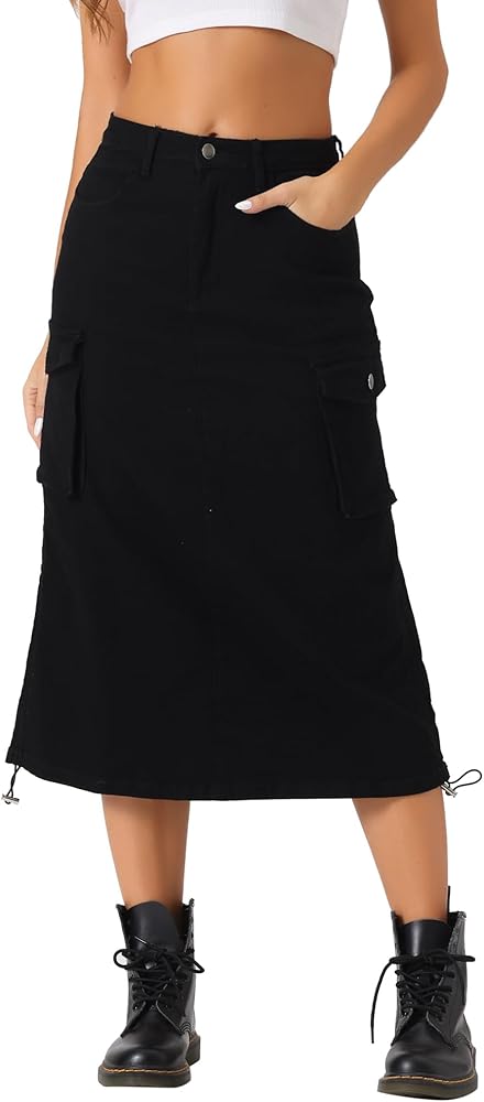 Allegra K Cargo Skirt for Women's High Waisted Pencil Skirt Flap Pocket A-Line Jean Midi Skirt