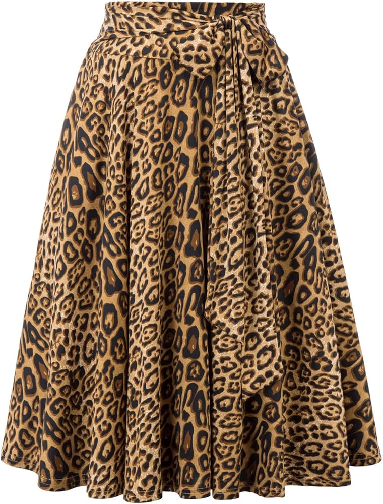 Belle Poque Womens Skirts below Knee Length High Waisted Leopard Skirt A Line with Pockets