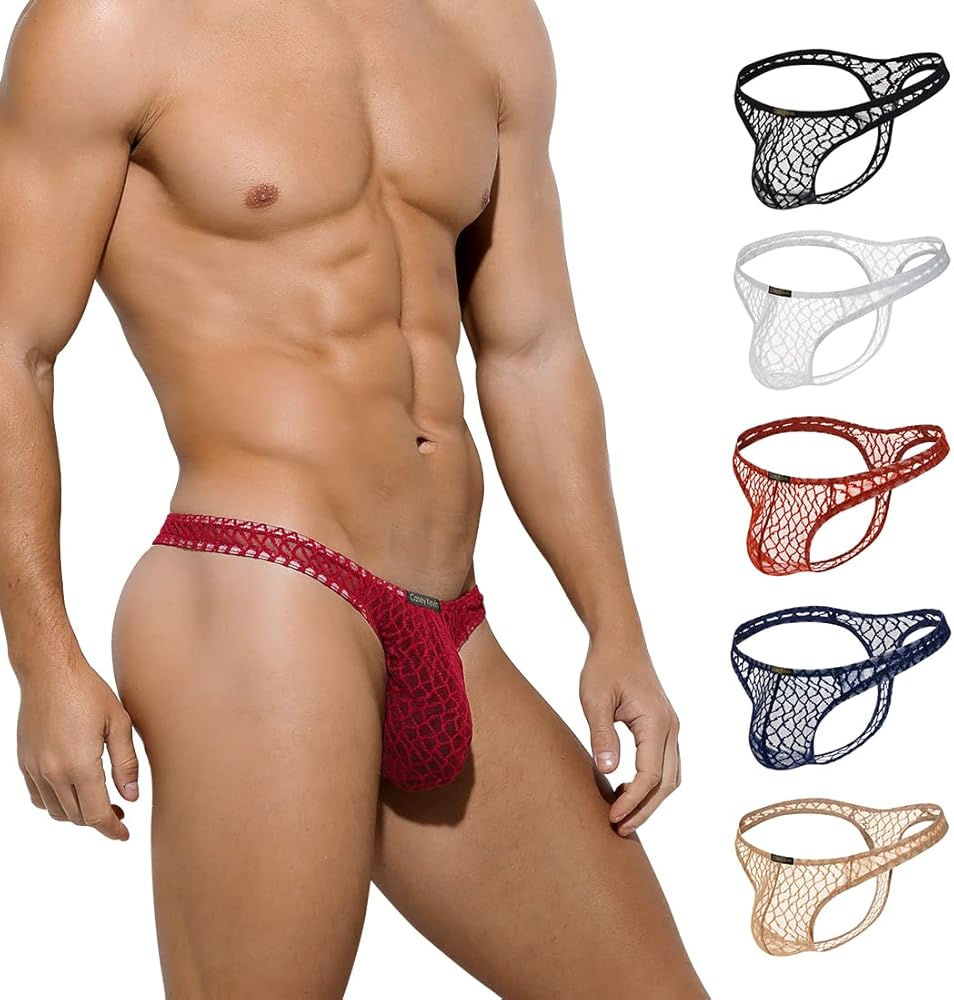 Casey Kevin Men's Thongs Underwear Sexy Lace G-String Bulge Pouch Breathable Panties, 6 packs