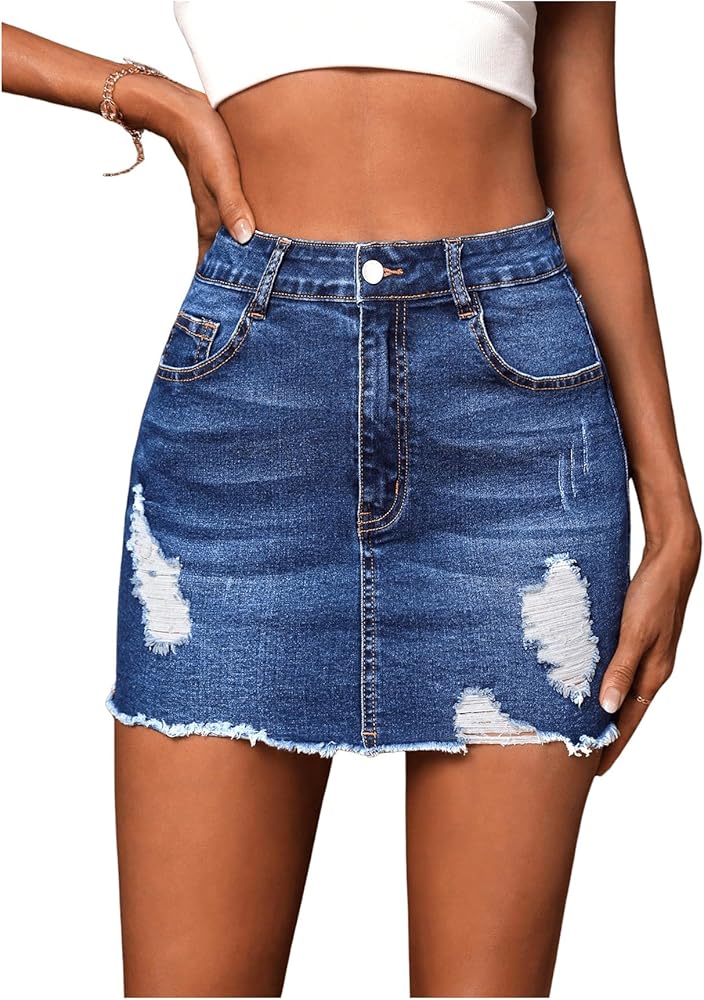 Verdusa Women's High Waisted Ripped Raw Trim Denim Bodycon Pencil Mini Skirt