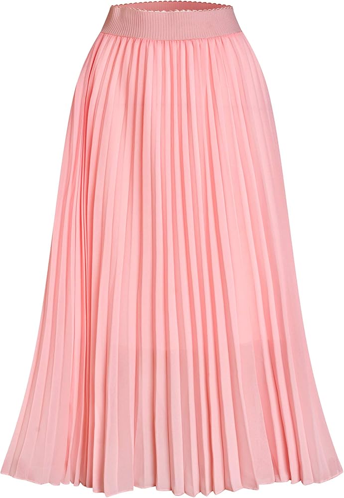 Womens Chiffon High Waist Skirt Pleated A-Line Swing Elastic Shirring Midi Length