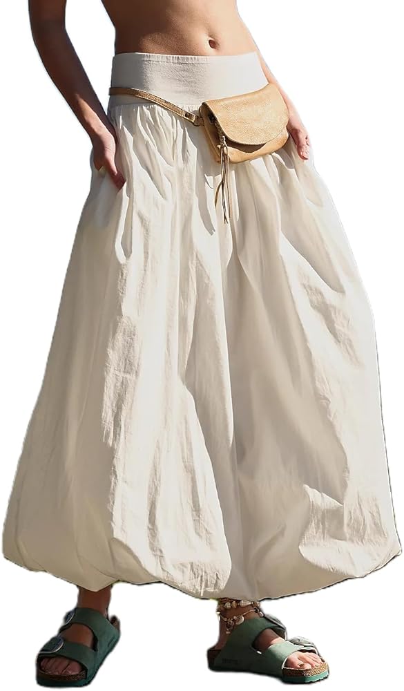 NUFIWI Women Y2k Bubble Maxi Skirt Low Elastic Waist A Line Long Skirt Summer Casual Ruffle Pleated Midi Dress