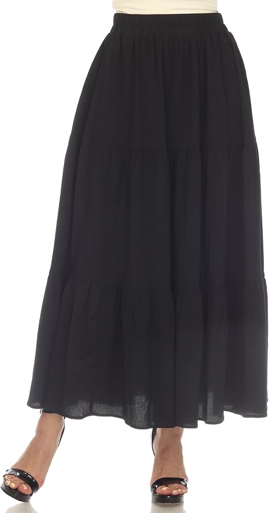 white mark Women's Elastic High Waist Pleated Tiered A-Line Swing Maxi Skirt with Pockets