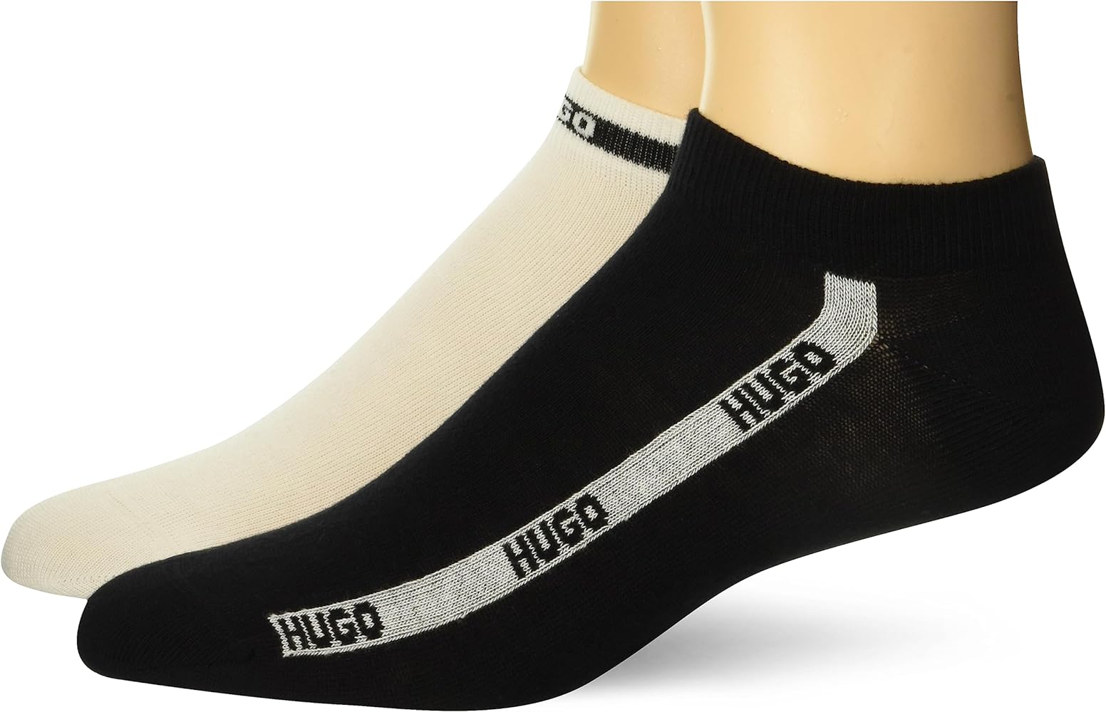 HUGO Mens 2-pack Tape Logo Design Cotton Ankle Socks, Solid Black/Bright Alabaster, Bright Alabaster/Solid Black, 3-9 US
