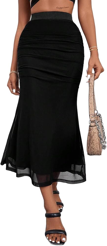 Avanova Women Ruched Ruffle Mermaid Long Skirts Mesh High Waisted Fishtail Midi Skirts