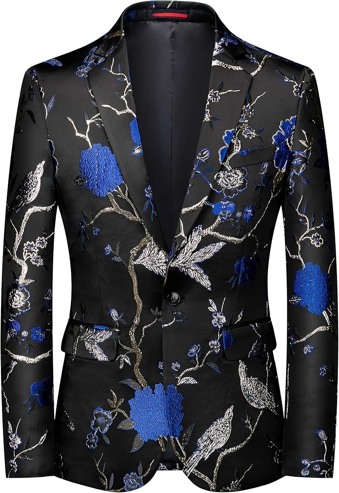 MOGU Mens Metallic Jacquard Blazer Slim Fit Elegant Tuxedo Suit Jacket for Daily Prom Party