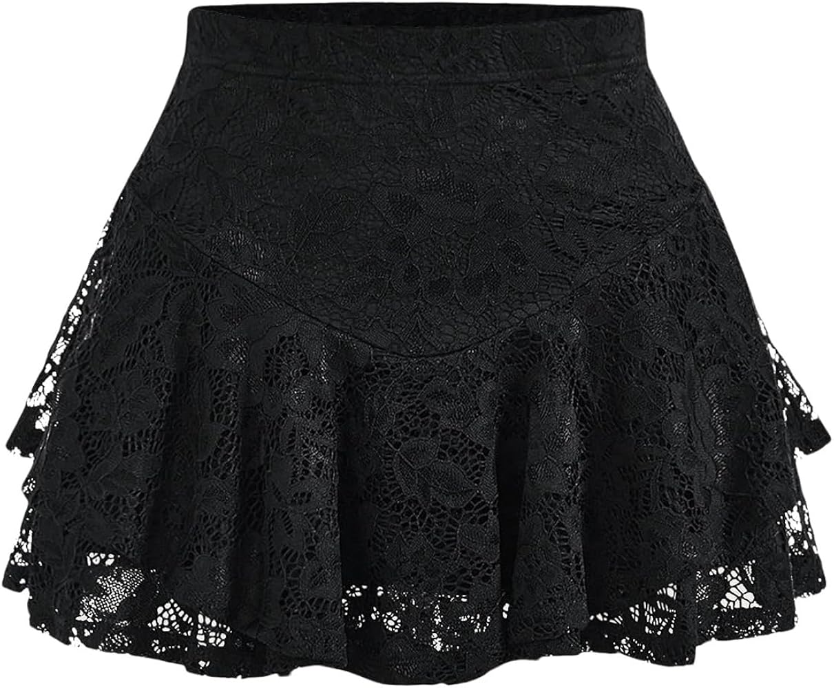 Floerns Women's Contrast Lace Ruffle Hem Skirt Layered Hem Elegant Short Skirts