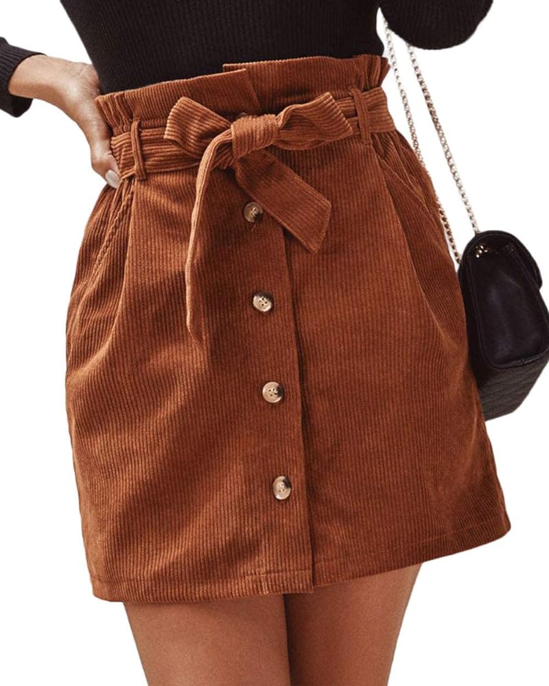 ebossy Women's Paperbag High Waist Button Front Corduroy Mini Skirt with Belt
