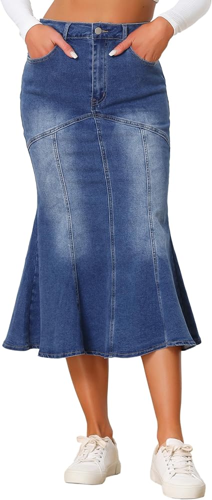 Allegra K Fishtail Denim Skirt for Women's Casual High Waisted Bodycon Midi Jean Skirts